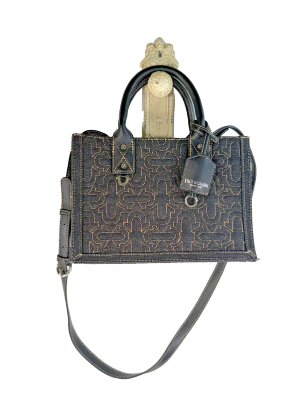True Religion Black Denim Embroidered Crossbody Bag Horseshoe Satchel Handbag